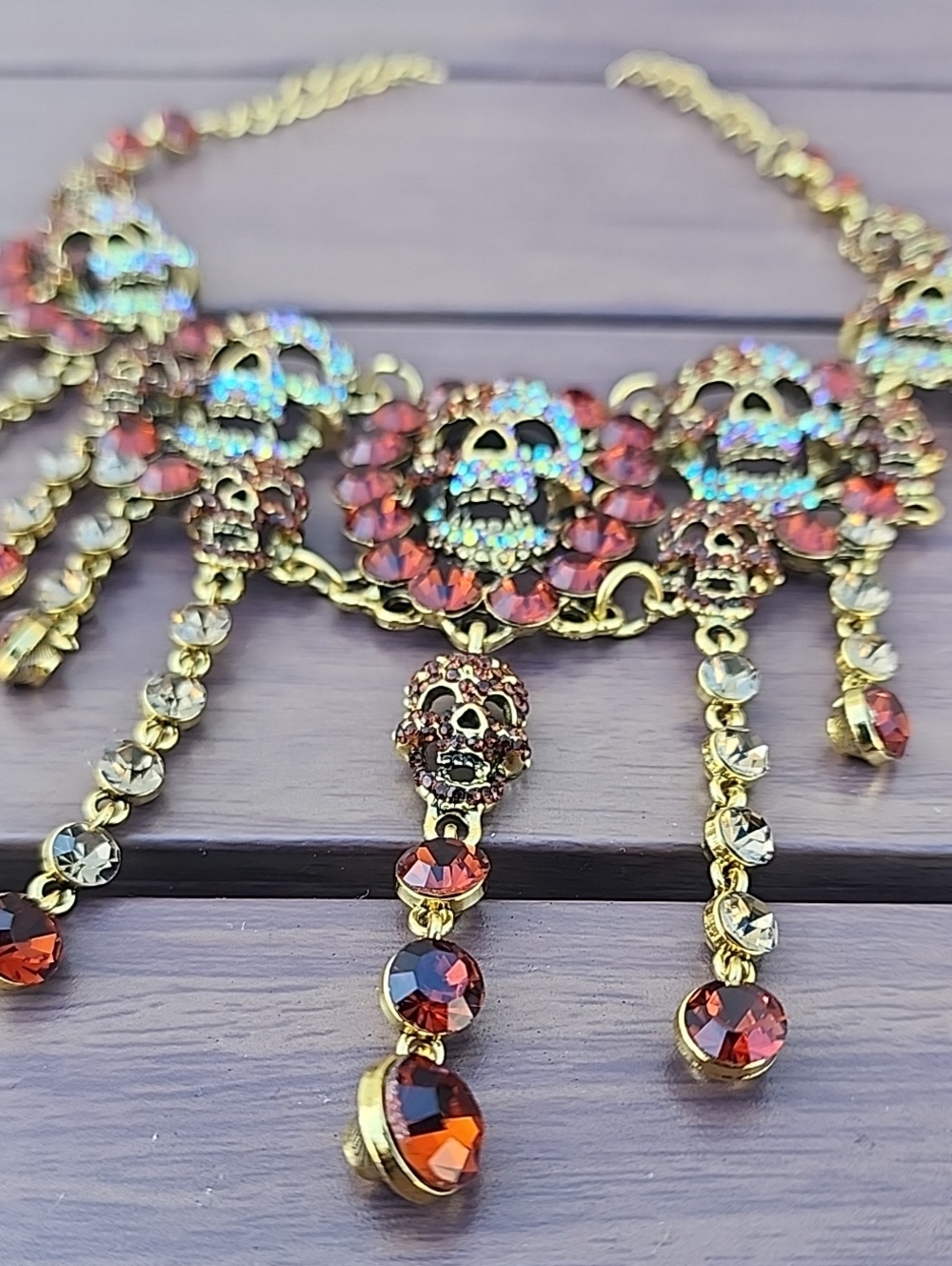 Natasha Couture Gold-Tone Red and Clear Crystal Skull Bib Necklace